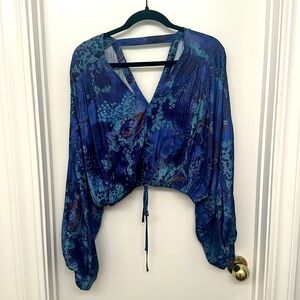 Anthropologie cropped boho silky shirt front tie oversize sleeve NWOT size S